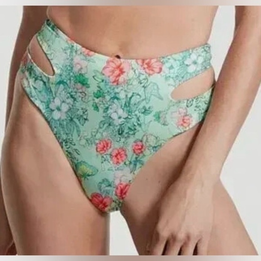 NWT Victoria Secret High-Waist Floral Cutout Bikini Bottoms Mint Green Floral S